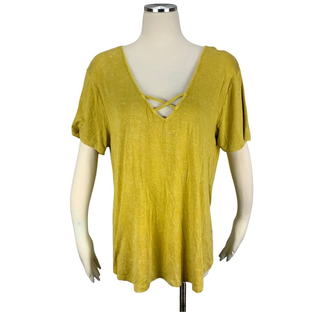 Good Luck Gem NWT XL Top Mustard Olive Arrowood Stretch Comfort Rayon